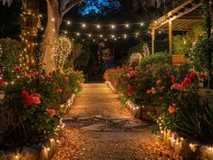 an outdoor garden with lights strung over the walkway