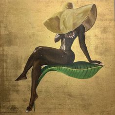 a painting of a woman sitting on a leaf holding a surfboard over her head