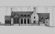 a drawing of a house with trees in the background