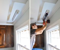 two pictures of a man working on the ceiling in his house, one is holding a drill and the other is using a screwdriver