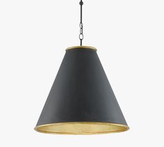 a black and gold pendant light hanging from a chain