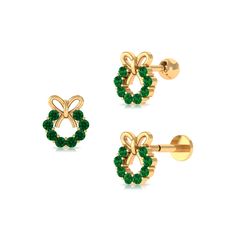 Product Details Make a stylish and minimal statement this holiday season with our Christmas Wreath Earring, crafted in Gold and adorned with Round Cut Emeralds in Prong Setting. This versatile Piercing Earring can be styled on multiple piercings, such as Helix, Cartilage, Conch, or Upper Lobe Piercing, and comes with a Flat Back Closure to keep it securely in place. Adorn yourself for the special occasion with this Xmas Earring for a captivating appearance, or gift it to a loved one as a special Emerald Christmas, Christmas Presents To Make, Upper Lobe Piercing, Bow Earring, Upper Lobe, Multiple Piercings, Lobe Piercing, Helix Earrings, Gold Flats