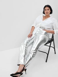 High Rise Faux-Leather Cheeky Straight Jeans | Gap Silver Trousers, Jean Fits, Faux Leather Jeans, Silver Pants, Metallic Pants, Perfect Boyfriend, Leather Jeans, Boyfriend T Shirt, Gap Women