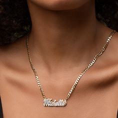 Our popular Double Plated Iced Out Script Name Necklace boasts a chic and elegant design, handcrafted to perfection. The model showcases the necklace with an 18-inch Cuban chain (see image for reference). Chain width:Cuban Chain - 3.7 mmFigaro Chain - 3 mm Closure: All chains are fitted with a lobster clasp. Metal Selection: Gold Plated Silver Plated Sterling silver 14k gold plated over sterling silver 10k solid gold - (NAMEPLATE ONLY)14k solid gold - (NAMEPLATE ONLY) Elegant Personalized Chain Link Necklaces, Elegant Personalized Chain Link Necklace, Elegant Personalized Cuban Link Chain Necklace, Modern Curb Chain Jewelry As A Gift, Adjustable Nameplate Chain Necklace, Personalized Cuban Link Necklace As Gift, Personalized Cuban Link Necklaces For Gift, Personalized Cuban Link Necklace For Gift, Luxury Personalized Cuban Link Jewelry