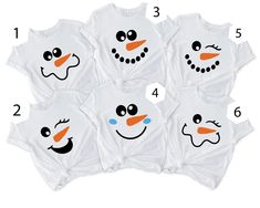 six snowman shirts with different faces on them