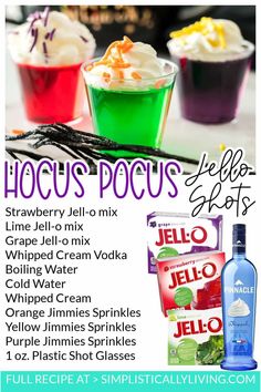 an advertisement for jello's pocuss with three different drinks in it