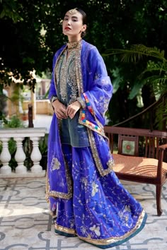 Buy Atelier Shikaarbagh Blue Silk Tissue Zardozi Embroidered Kurta Gharara Set Online | Aza Fashions Marriage Suits, Peplum Top Outfits, Peach Lehenga, Punjabi Outfits, Pakistani Traditional