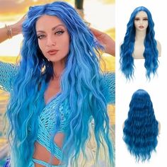 PRICES MAY VARY. High quality Material:The blue curly wig are made of high-quality heat-resistant synthetic fiber. The long wig is easy to style and maintain, and soft to touch,a more realistic look, and the lace scalp ensures permeability and comfort,not easily tangled or shed. Romance long wavy wig, to enhance your look and make you feel gorgeous and sexy. Feature Occasion:This long blue wig with a natural wavy,for any skin tone or face shape. The red wavy wig looks super realistic naturally,i Gigi Hair, Mermaid Shoot, Blue Wigs, Cheap Wigs, Blue Wig, Wavy Wig, Hair Replacement, Curly Wig, Middle Part