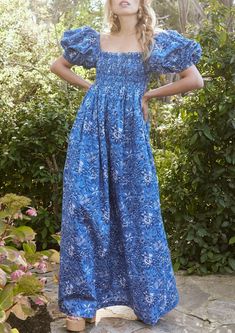 Aurora Puff Sleeve Maxi Dress in Ultramarine Floral | Over The Moon Blue Fitted Puff Sleeve Dress, 2024 Clothes, Puff Sleeve Maxi Dress, Tomboy Look, Feminine Outfits, Clothes Wishlist, Sunday Dress, Modest Dress, The Aurora