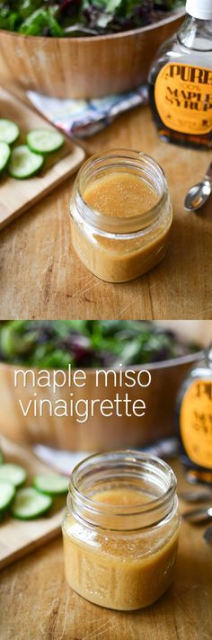 the ingredients to make maple miso vinaigrete are shown in separate images