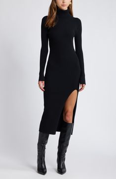 Open Edit Rib Long Sleeve Turtleneck Sweater Dress | Nordstrom Sweater Dress With High Boots, Spring Midi Dress With Stretch And Split Hem, Spring Stretch Midi Dress With Split Hem, Stretch Midi Dress With Side Slits And Split Hem, Ribbed Midi Dress For Winter Night Out, Stretch Midi Dress With Side Slits, Ribbed Stretch Midi Dress, Fitted Fall Midi Dress With Side Slits, Ribbed Midi Sweater Dress For Night Out