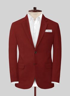 Showcase your personality with our Loro Piana Red Cotton suit that brings plenty of warmth to your look. Crafted from a Cotton Lycra blend, the bold color of the suit will exhibit your style by giving your outfit richness and an extra layer of comfort which ensures you look smart when you wear it. Combine the suiting classic with a confident new-season tone that's fun to accessorize.  Choice of the Elite, Loro Piana is owned by LVMH Moët Hennessy Louis Vuitton SE, the French multinational luxury goods conglomerate, who is parent to the world's most luxurious brands ranging from Louis Vuitton, Christian Dior, Loewe, Givenchy, Celine and many more.  Look Includes  Loro Piana Red Cotton Fabric  Two Button Jacket Style  Notch Lapel  Horn Brown Buttons  Single Vent  Three Cuff Buttons  Two Welt Tailored Red Three-piece Suit For Business, Red Fitted Double-breasted Suit, Luxury Red Single-breasted Suit, Luxury Red Three-piece Business Suit, Red Fitted Double-breasted Suit With Notch Lapel, Luxurious Brands, Grey Tweed Suit, Green Velvet Jacket, Herringbone Tweed Jacket