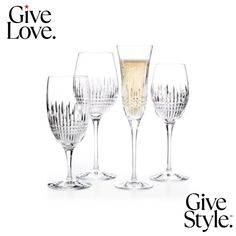 four wine glasses with the words give love written on them