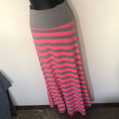 Rue 21 Maxi Skirt. Medium. Length From Top To Bottom Is 42”. From Bottom Of Waist Band Is 36”. Waist Measures 24”-26” With Stretch. Bright Pink And Gray Horizontal Stripes. Nwot Casual Pink Lined Skirt Bottoms, Trendy Stretch Pink Skirt, Casual Long Pink Skirt, Stretch Pink Cotton Skirt, Casual Pink Long Skirt, Casual Pink Mini Skirt, Pink Flowy Casual Skirt, Casual Pink Cotton Maxi Skirt, Casual Pink Flowy Skirt