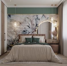 a large bed sitting under a mirror in a bedroom next to a wall mounted clock