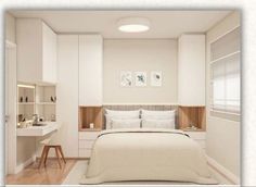 a bedroom with a bed, desk and shelves in the corner next to each other