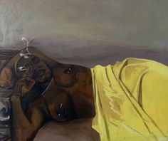 an oil painting of a woman laying on the ground with her head under a blanket