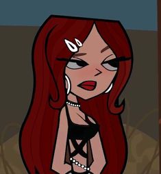 a drawing of a woman with red hair and piercings on her ears, wearing a black dress