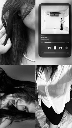 three different pictures of a woman with long hair and an mp3 player in her hand