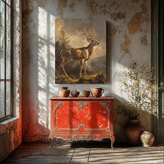 a painting on the wall of a room with an old dresser and vases in front of it