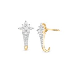 An intriguing look for day or night, these diamond J-hoop earrings offer eye-catching style. Fashioned in 14K gold, each splendid earring showcases a princess-cut diamond sparkling in a sunburst frame of diamonds. Additional diamonds line the split "J"-shaped design below. Radiant with 1/2 ct. t.w. of diamonds and a brilliant buffed luster, these post earrings secure comfortably with friction backs. Diamond Finger Ring, Halo Engagement Ring Wedding Band, Convertible Earrings, Diamond Tops, Diamond Pendants Designs, Diamond Pendant Sets, Gold Diamond Wedding Band, Jewelry Drawing, Diamond Engagement Rings Vintage