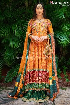 Bridal Frock Dhaka Pajama, Bridal Frock, Ansab Jahangir, Mehendi Bridal, Emerald Fabric, Bridal Mehndi Dresses, Mehndi Dress, Traditional Attires