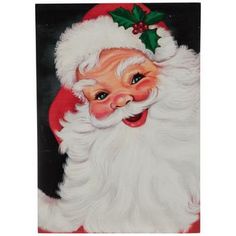 an old fashioned christmas card with a santa clause on it's face and holly berries