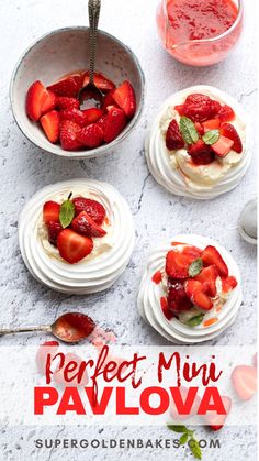 the cover of perfect mini pavlova, with strawberries and cream in bowls