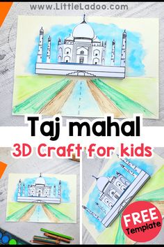 Taj Mahal 3D Paper craft Taj Mahal School Project, Thailand Crafts For Kids, India Crafts For Kids, Country Worksheet, Around The World Crafts For Kids, Taj Mahal Art, Tac Mahal, Around The World Theme