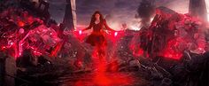 a woman standing in the middle of a pile of rubble with red lights on her face