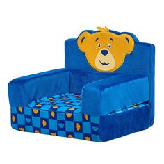 a blue chair with a teddy bear head on it's back and arms, sitting in front of a white background