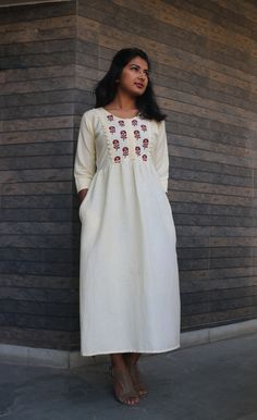 "Maxi dress for women, Linen maxi dress, Block print dress, Off white linen dress, Plus size, made to order, custom made -Model height: 5'3\" wearing size S -Length: 45\" Hand block printing is a centuries old Indian art form that utilizes a hand carved teak wood block that is dipped in dye and stamped by hand onto cotton or silk. We have used simple floral motifs to create elegant designs for our comfortable maxi dresses. **Note: Free Shipping time 15-21 days. Express Shipping time 5-7 days.**" White Casual Floor-length Dress, White Cotton Midi Dress For Wedding, White Casual Linen Midi Dress, White Casual Midi Linen Dress, Casual White Chiffon Maxi Dress, Cream A-line Maxi Dress, White Cotton A-line Maxi Dress, White Cotton Floor-length Maxi Dress, White Linen A-line Casual Dress