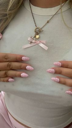 light pink nails #bows #girly #cutenails #pinknailpolish #pinkfrench #pinkcore #bownails #girlythings #coquettenails #pinkbow #polkadots #babypink #almond #nails Nail Art Inspo Almond, Poke A Dot Nails, Pink Nails For Birthday, Bow Nails Almond, Pink Nails With White Dots, White Polka Dot Nails, Simple Girly Nails, Nails Girly, Light Pink Nails Design