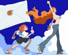 two people are flying in the sky with an envelope on their back and one is holding a knife