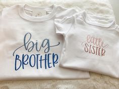 These sibling shirts are perfect for announcement photos, coming home outfits or every day wear! Other color thread combinations available upon request! These shirts and blanks are high quality 100% combed cotton. Please select shirt size and style. IN NOTES TO SELLER BOX - please put what saying you would like: BIG BROTHER, LITTLE BROTHER, BIG SISTER, LITTLE SISTER. (I am unable to add a name below or change wording. These designs are pre made.) This listing is for ONE shirt only. If you need a Big Brother Little Sister Shirts, Little Sister Shirt, Big Brother Little Sister, Big Brother Little Brother, Big Brother Big Sister, Announcement Photos, Big Sister Little Sister, Big Brother Shirt, Sibling Shirts