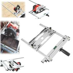 three different views of a table sawing machine with wheels and attachments on each side