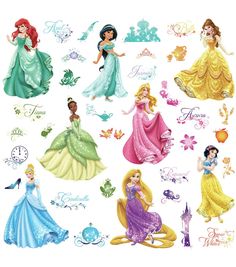 disney princess stickers are on the back of a cell phone, and there is an image of them in different colors