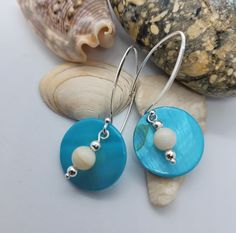 Sterling silver drop earrings with pearly vintage bead detail and turquoise shell discs. Chip Bead Jewelry, Crafting Jewelry, Turquoise Drop Earrings, Beading Ideas, Sterling Silver Drop Earrings, Jewellery Ideas, Shell Jewelry, Wrapped Jewelry, Bead Jewelry