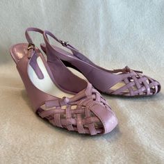 Cute Lavender Leather Slingback Heels With Basket Weave Detail. Perfect To Pair With Dresses During Spring And Summer! 3-Inch Heels Make Them So Comfortable And Chic. Strap Up Heels, Blue Block Heels, Metallic Pumps, Nine West Heels, Ankle Sandals, Pointy Toe Heels, Grey Heels, Caged Heels, Slingback Heels