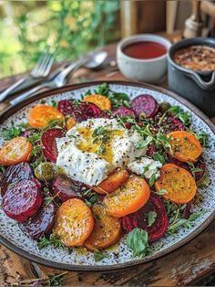 a white plate topped with beets, carrots and feta cheese on top of a wooden table