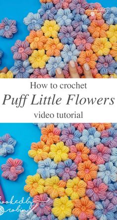 crochet puffy little flowers with text overlay