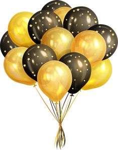 a bunch of black and gold balloons with stars on them, floating in the air