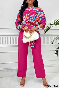 OliviaMark - Stilvolle Frenulum Schrägkragen Langarm Zweiteiliges Set für Casual Wear Plain And Pattern, Pant Suits For Women, Pretty Sandals, Suit For Women, Blouse Pants, Pants Suit, Weave Style, Plus Size Kleidung, Suit Pants