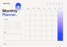 a blue and white calendar with the month planner