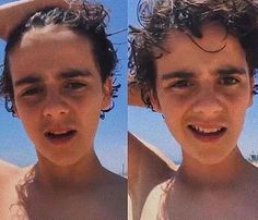 two pictures of a young boy with curly hair and no shirt on, one has his head in the air