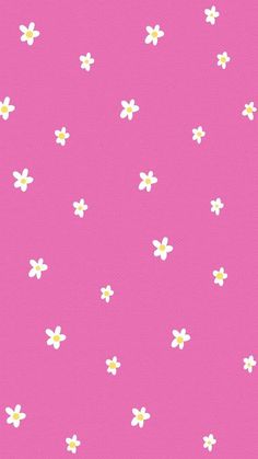 a pink background with small white flowers on the bottom and yellow dots in the middle