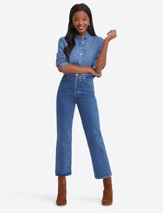 Chambray Button Down Shirt in Medium Wash – Draper James Denim Blue Mid-rise Tops For Fall, Chic Everyday Denim Top, Everyday Medium Wash Button-up Jeans, Classic Everyday Denim Top, Everyday Light Wash Button-up Jeans, Denim Blue Button-up Jeans For Everyday, Classic Button-up Relaxed Fit Jeans, Chic Button-up Jeans For Everyday, Casual Everyday Jeans With Snap Buttons