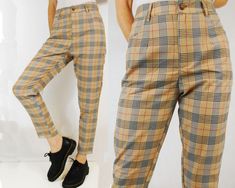 Update: Due to a family commitment your order may take 5-7 days to be dispatched but we are working hard to get it to you as quickly as possible. Thanks for your patience. . . . Check tartan patterned tapered Mom jean style chino/Capri pants. Other colours available in our shop (see final photo). FREE UK SHIPPING - Flattering high rise at the waist and narrow at the ankle - Two pockets - Belt loops Material is a lightweight cotton mix and looks great paired with Doc Martens and a black ribbed tu Plaid Tapered Leg Pants For Fall, Trendy Plaid Cotton Pants, Plaid Tapered Leg Bottoms For Fall, Tapered Leg Plaid Bottoms For Fall, Business Casual Plaid Cotton Pants, Business Casual Plaid Cotton Bottoms, Plaid Cotton Bottoms For Business Casual, Casual Tapered Pants For Fall, Vintage Business Casual Bottoms For Fall