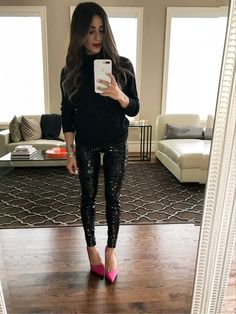 Can we talk about how fun these sequin pants are?!✨ I was kind of skeptical at first, but I love them I’m wearing the petite sizing and they fit perfectly! This look is perfect for the holidays if you want to be a little more glam☺️ // shop my outfit details at adoubledose.com/outfits OR You can instantly shop my looks by following me in the LIKEtoKNOW.it app http://liketk.it/2ttOt #liketkit @liketoknow.it #LTKholidaystyle #LTKunder100 #LTKstyletip Black Sequin Pants Outfit, Sequins Leggings Outfit, Hanukkah Tree, Sequins Pants Outfit, Glitter Leggings, Dress Code Casual, Sequin Leggings, Perfect Fall Outfit, Fall Leggings