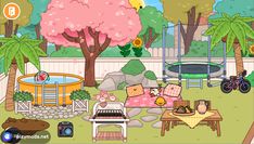 an animated image of a backyard with furniture, trees and a trampoline in the background